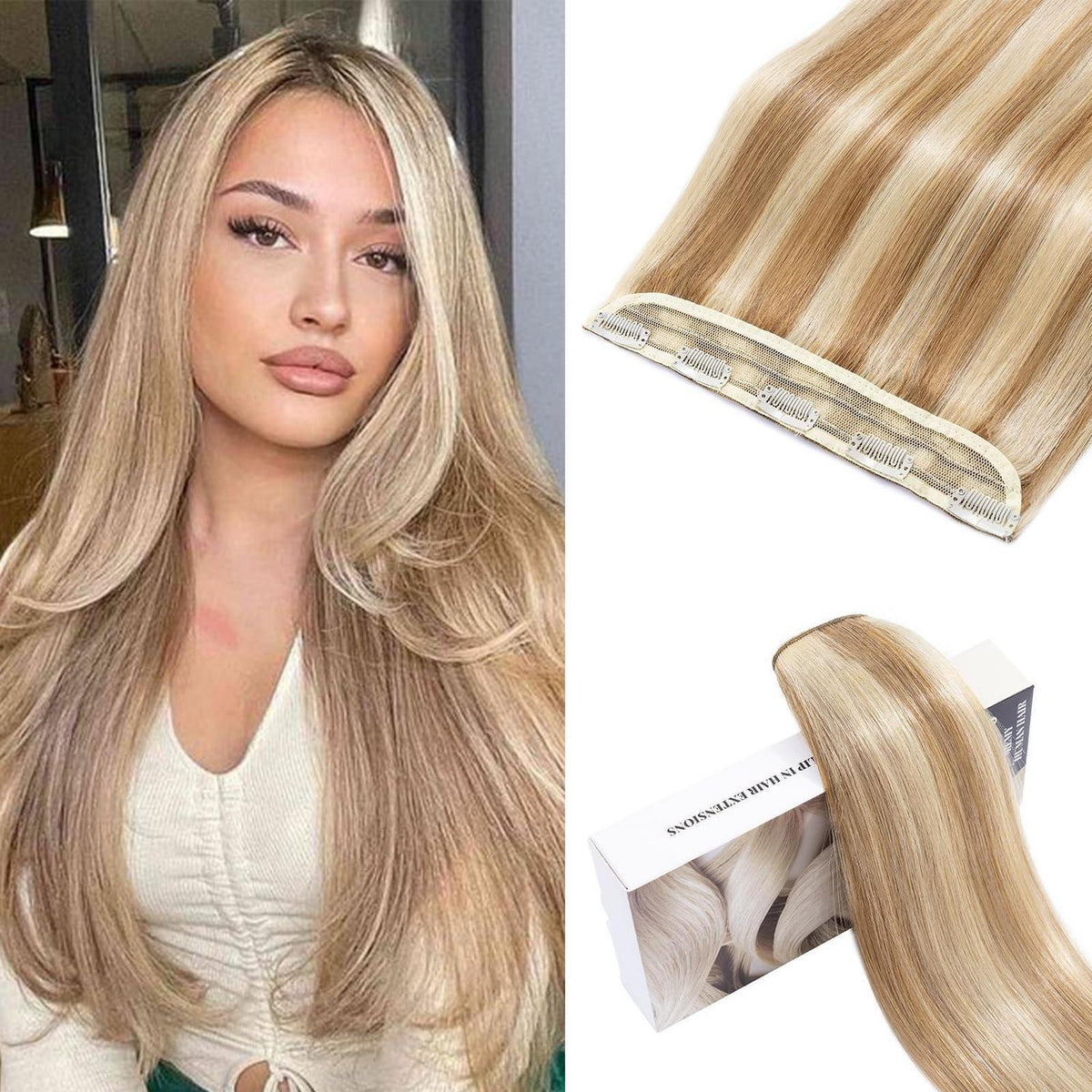 Echthaar Clip-In Extension Blondbraun/Weißblond 50cm