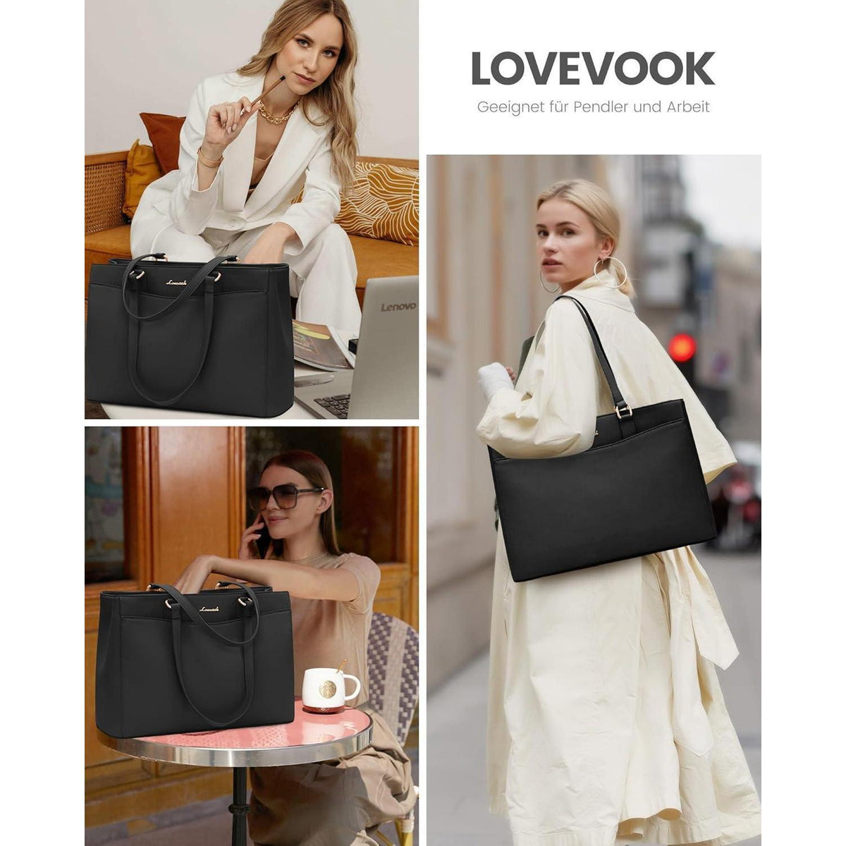 Große Laptoptasche Damen 17 Zoll Schwarz, Elegante Aktentasche für Arbeit & Uni