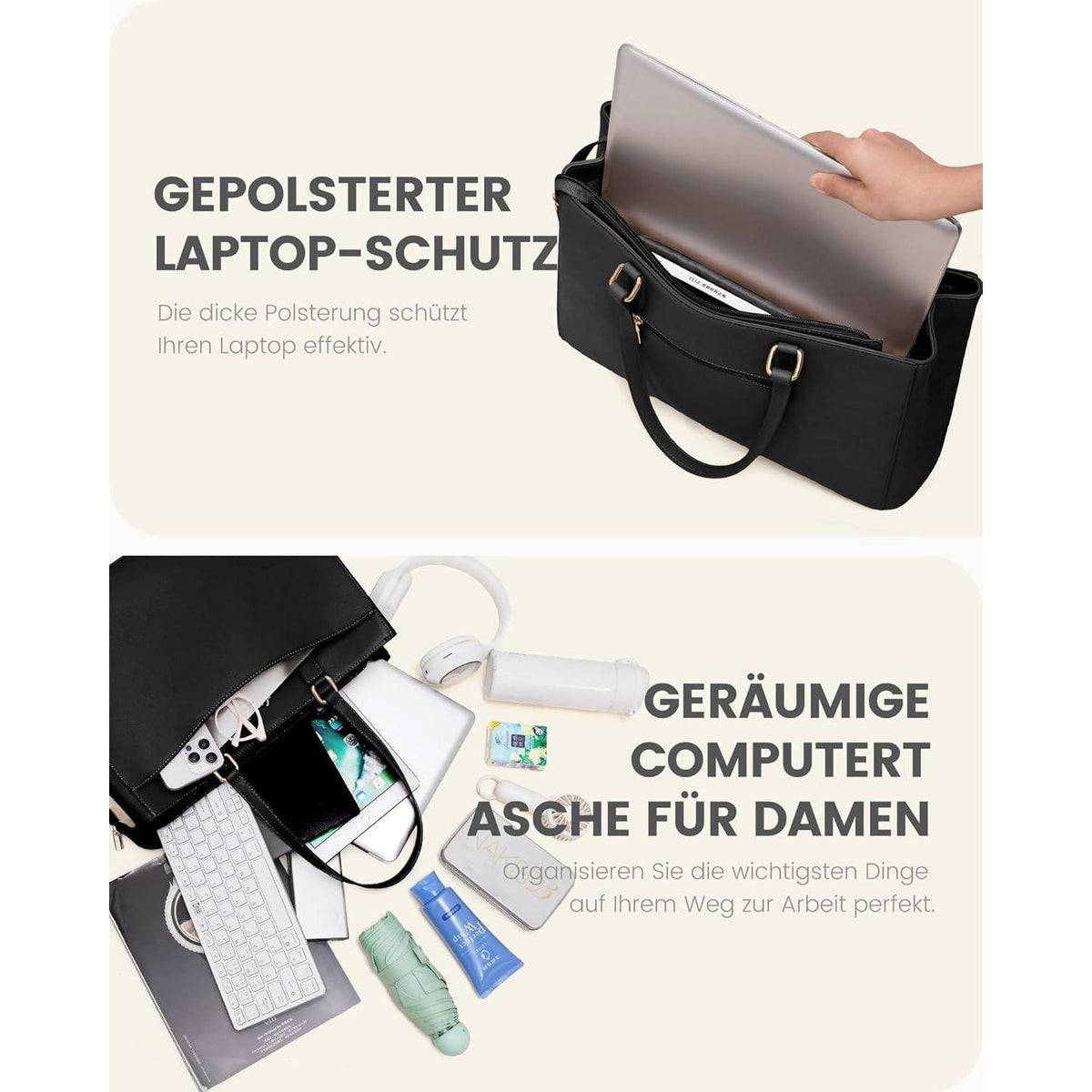 Große Laptoptasche Damen 17 Zoll Schwarz, Elegante Aktentasche für Arbeit & Uni