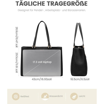 Große Laptoptasche Damen 17 Zoll Schwarz, Elegante Aktentasche für Arbeit & Uni