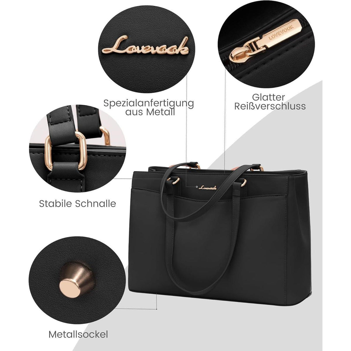 Große Laptoptasche Damen 17 Zoll Schwarz, Elegante Aktentasche für Arbeit & Uni
