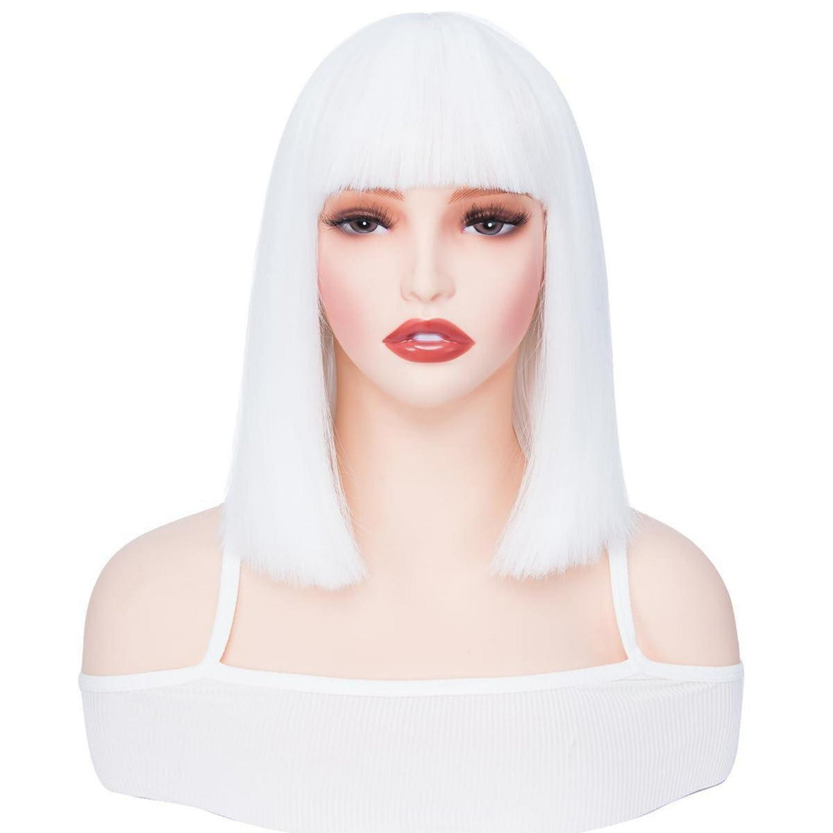 Weißer Bob mit Pony – Synthetische Perücke 30cm für Cosplay & Alltag