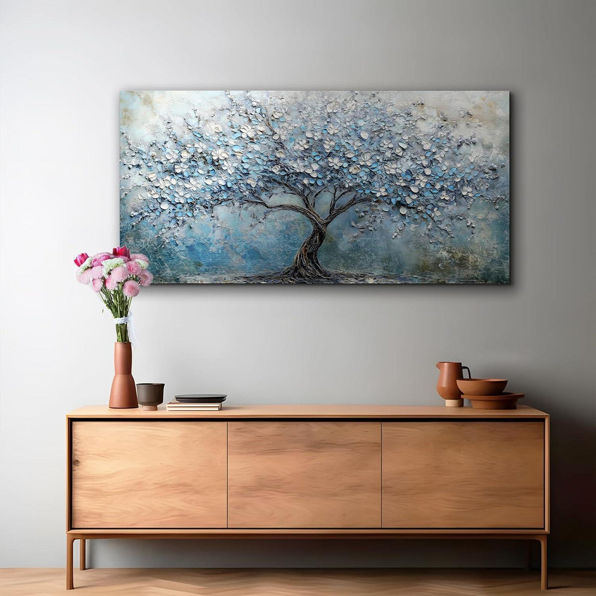 Blühender Baum Wandbild XXL – Baum des Lebens Blau Leinwandbild