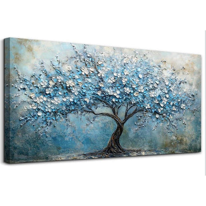 Blühender Baum Wandbild XXL – Blaues Leinwandbild Lebensbaum