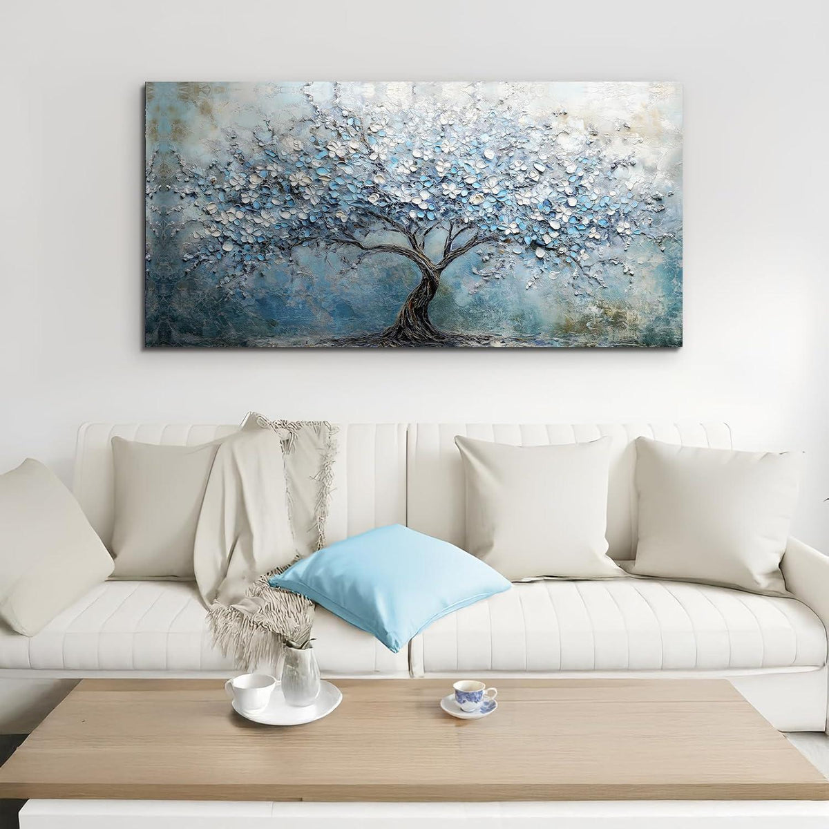 Blühender Baum Wandbild XXL – Blaues Leinwandbild Lebensbaum