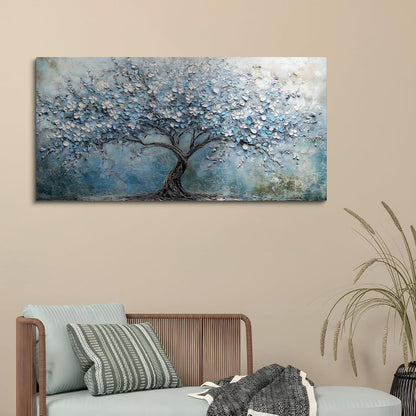 Blühender Baum Wandbild XXL – Blaues Leinwandbild Lebensbaum
