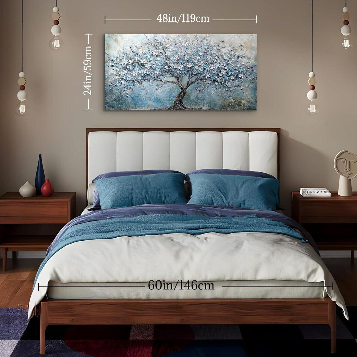 Blühender Baum Wandbild XXL – Blaues Leinwandbild Lebensbaum