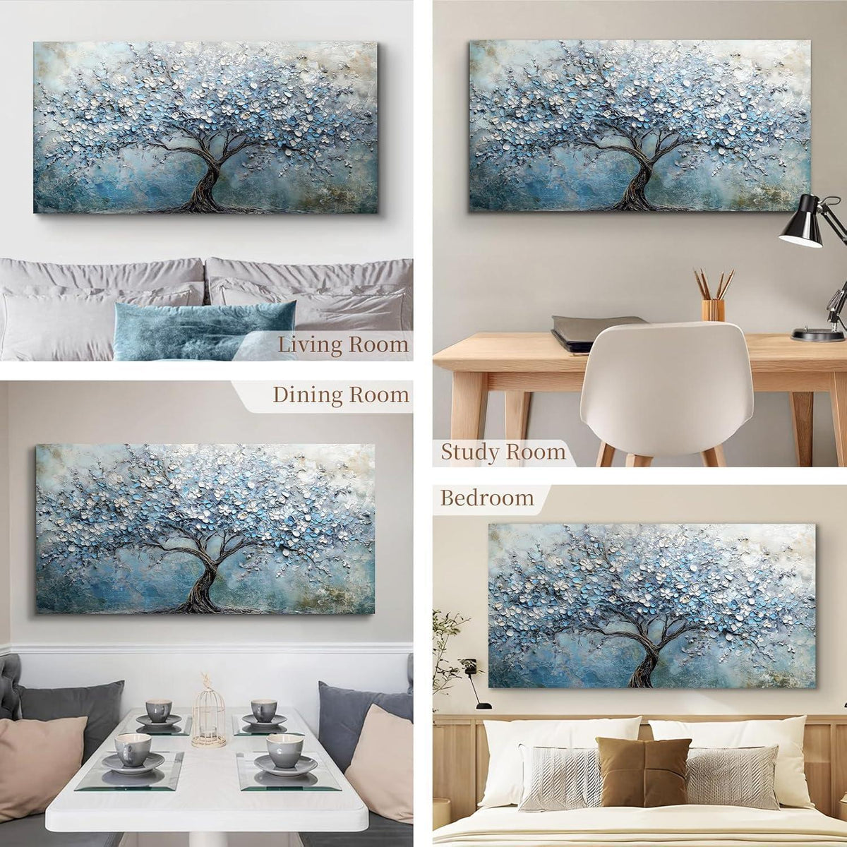 Blühender Baum Wandbild XXL – Blaues Leinwandbild Lebensbaum