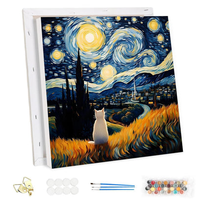 Malen nach Zahlen Van Gogh Sternennacht Katze mit Rahmen