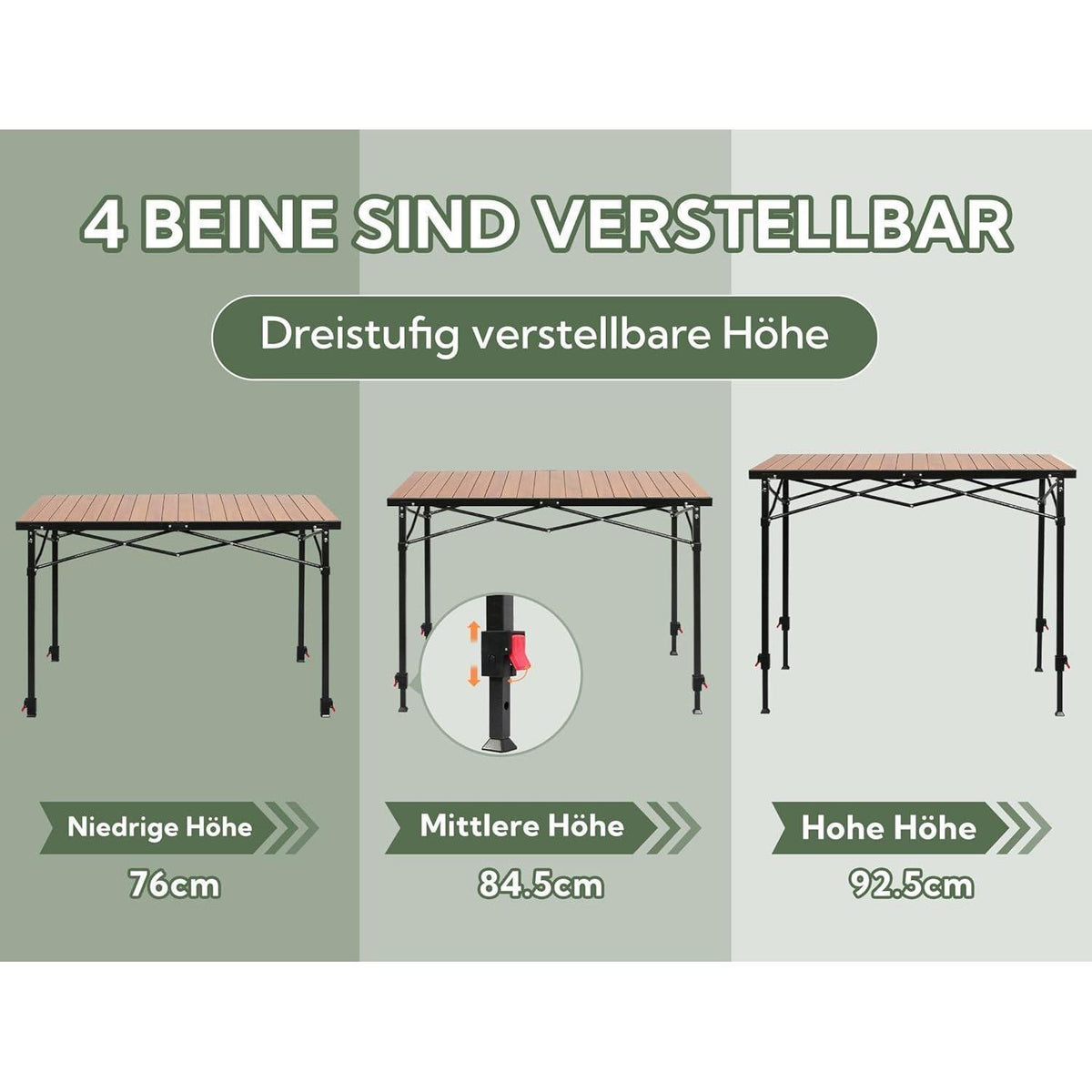 Höhenverstellbarer Campingtisch 120x70cm, Holzoptik, bis 100kg