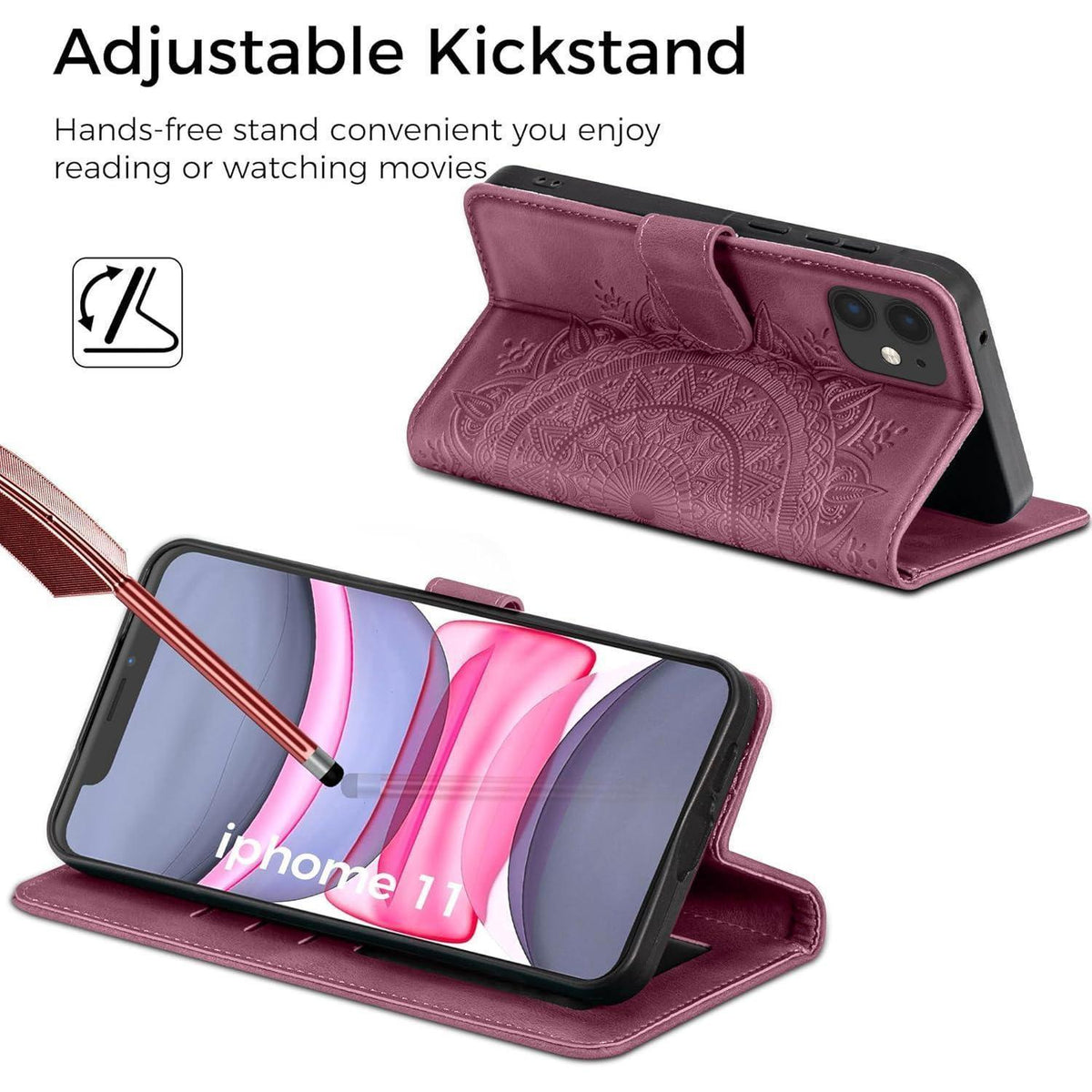 iPhone 11 Hülle Flip Wallet mit Kartenfach & Ständer Weinrot in Lederoptik