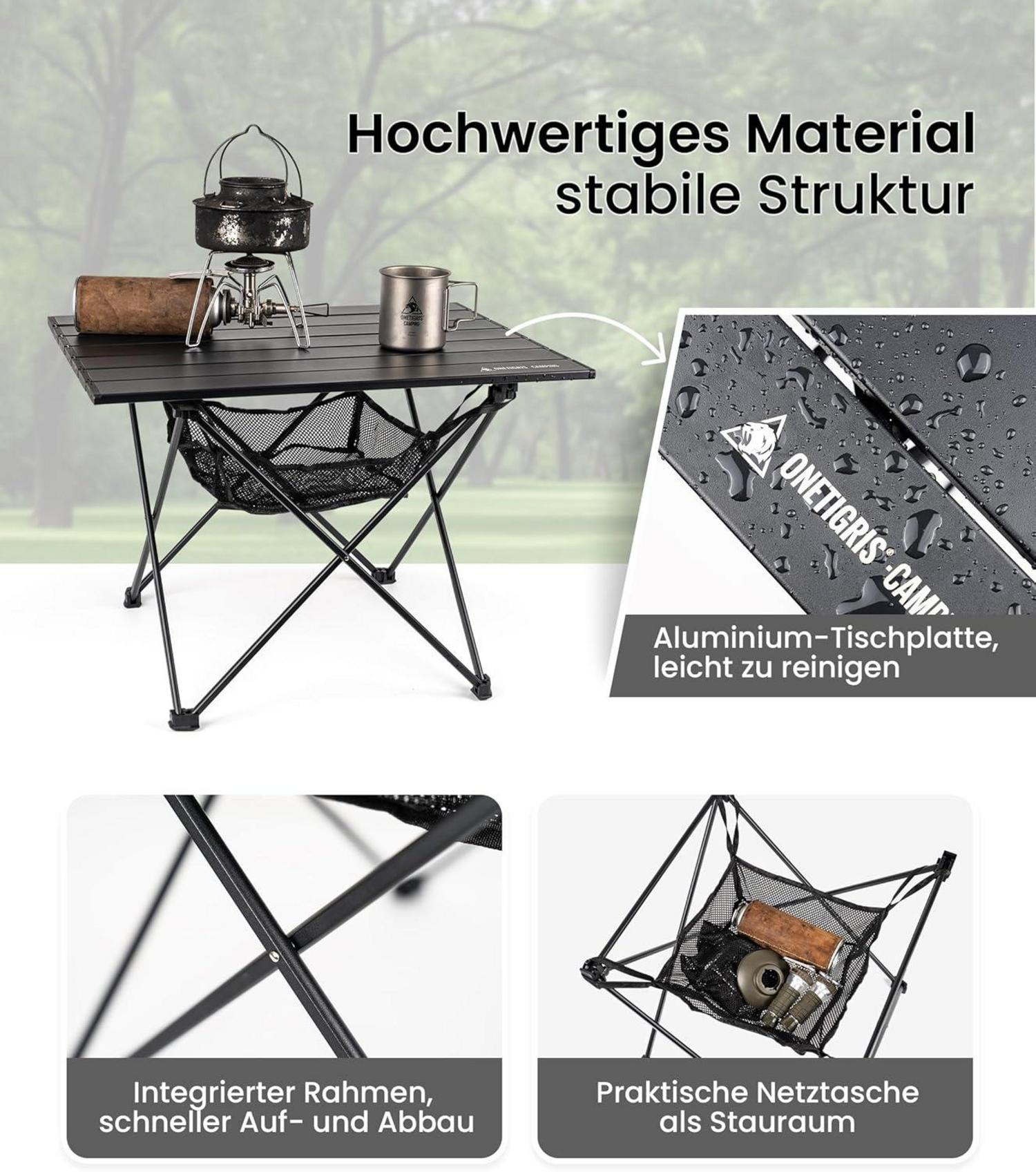 OneTigris Campingtisch Alu faltbar Ultraleicht tragbar 30kg 56x40,5x39,5cm