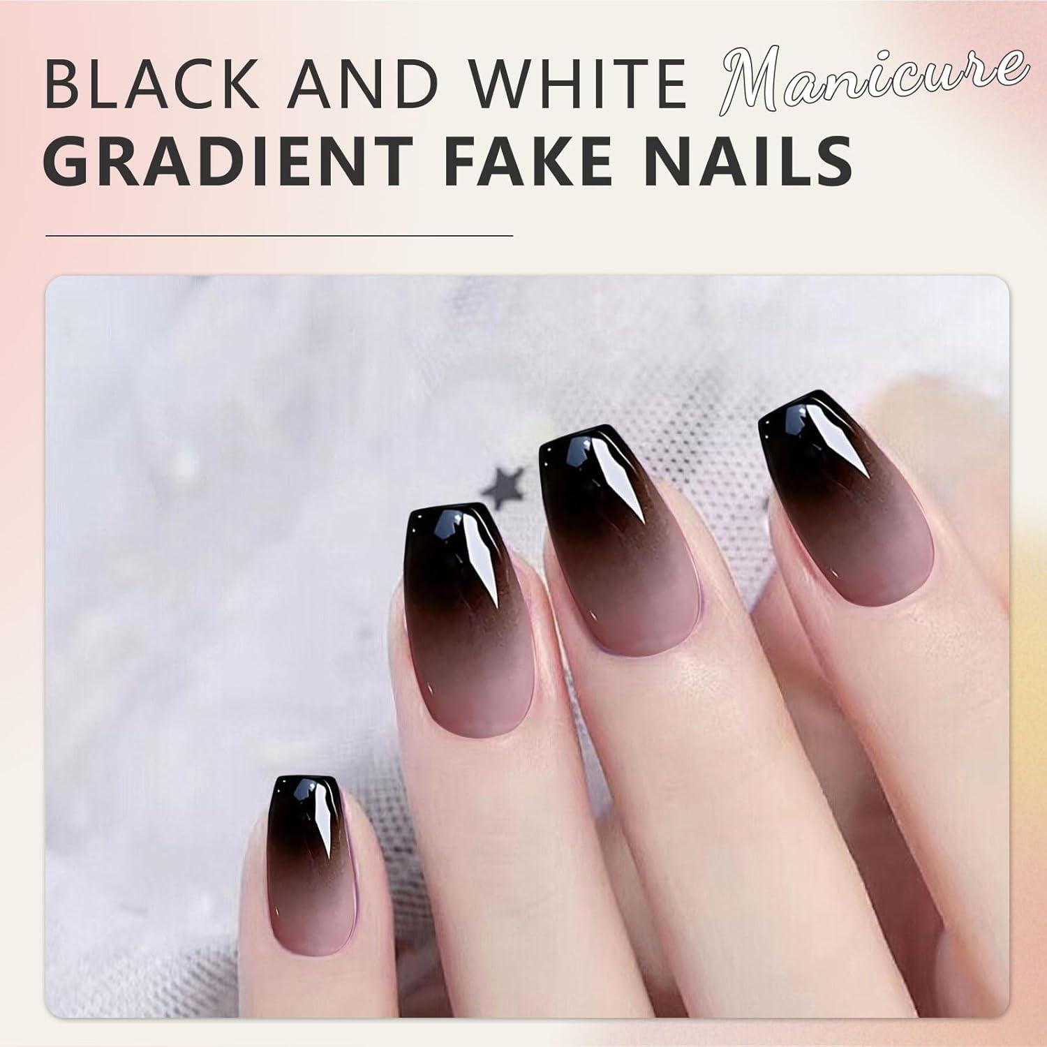Press On Nails 24 Stück Schwarze Kunstnägel mit Zubehör