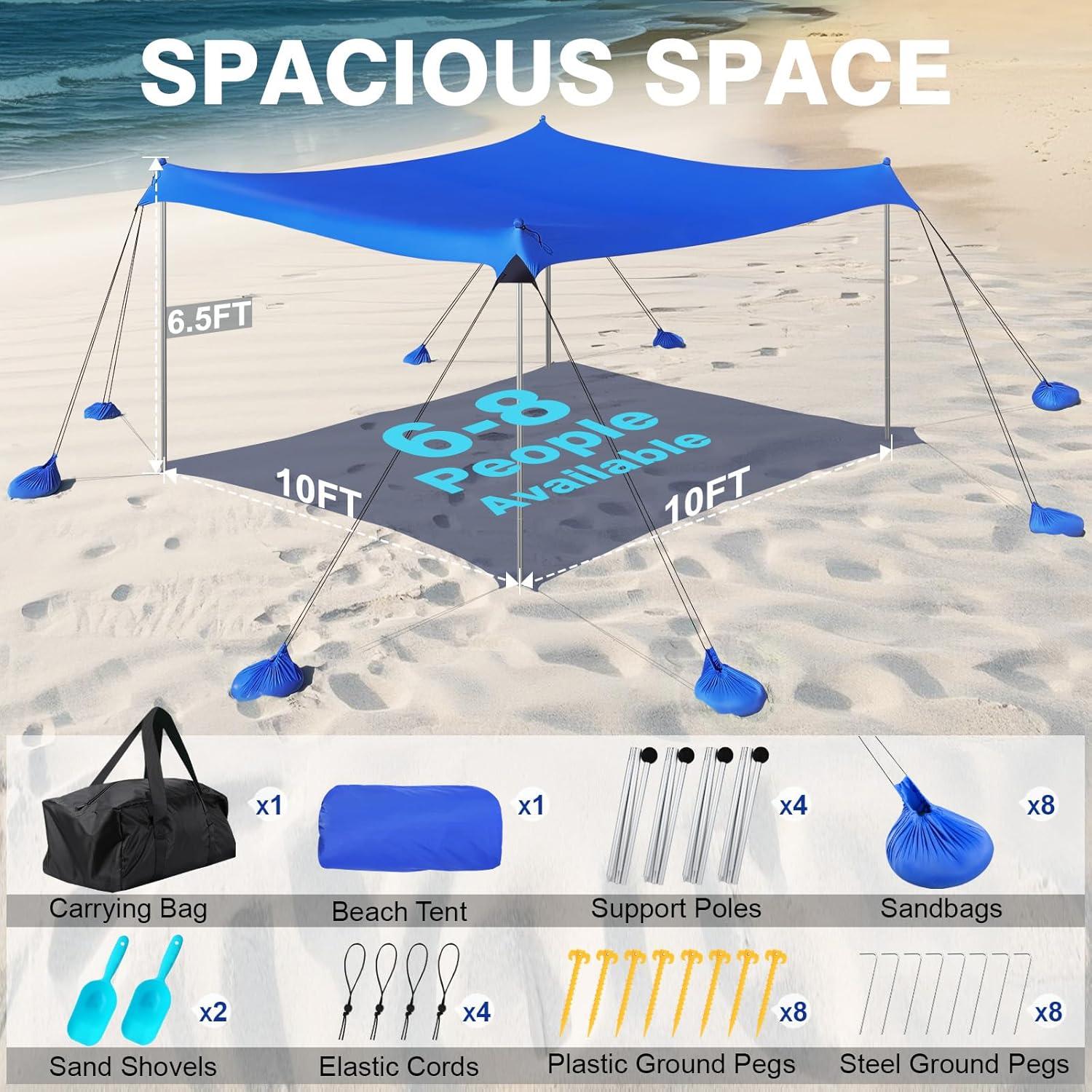 Strandmuschel UPF50+ Strandzelt Sonnenschutz mit Sandschaufeln und Stangen