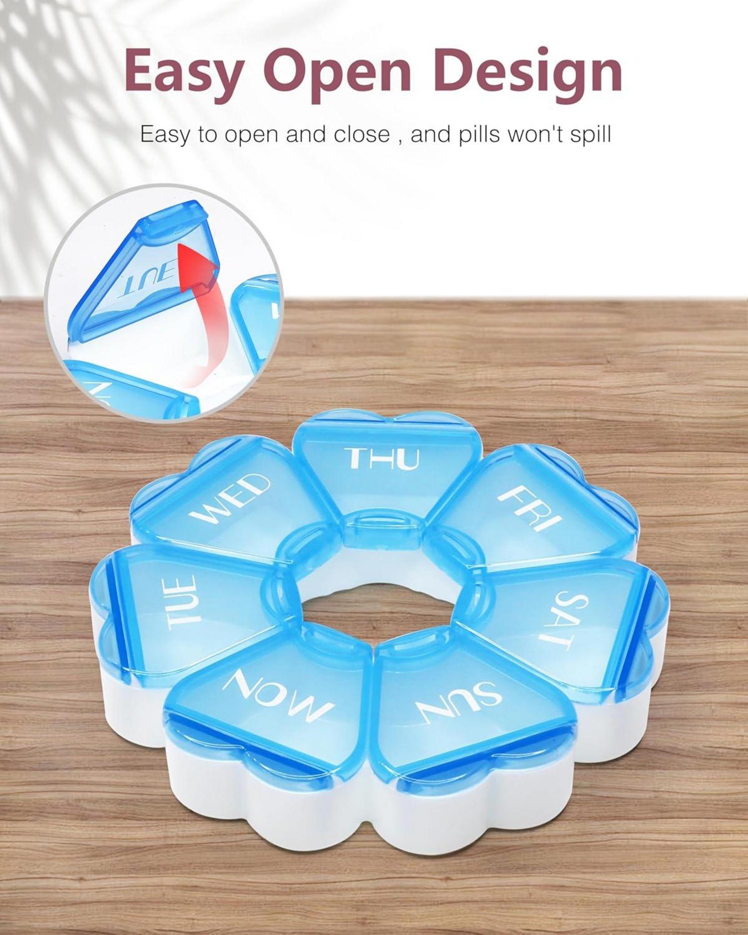 Pillenbox Herzform 7 große Fächer Woche reisefreundlich Blau