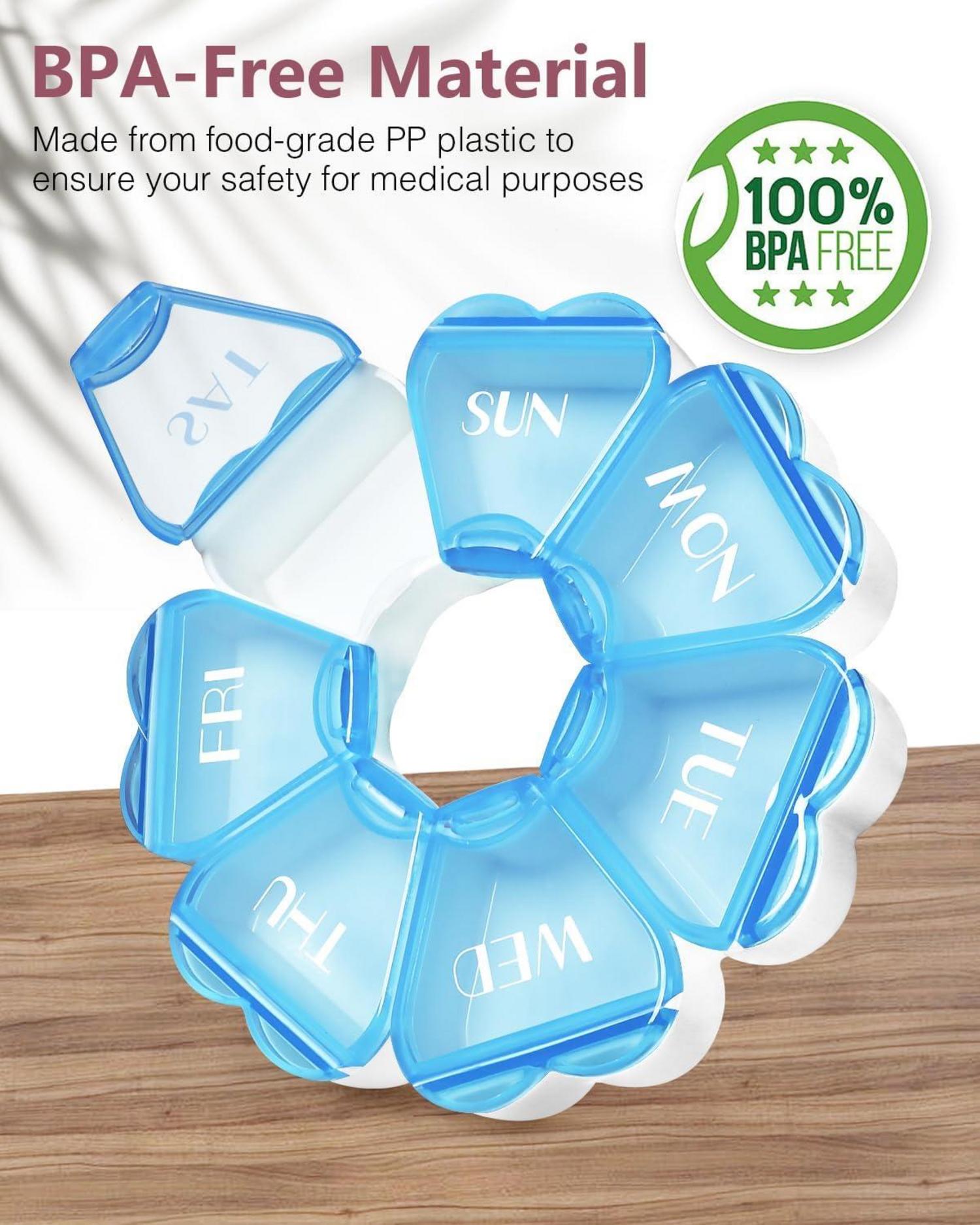 FHORAIN Runde herzförmige Pillenbox für die Woche, Vitamin-Organizer Blau