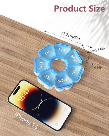 Herzförmige Pillenbox mit 7 großen Fächern, reisefreundlich, Blau