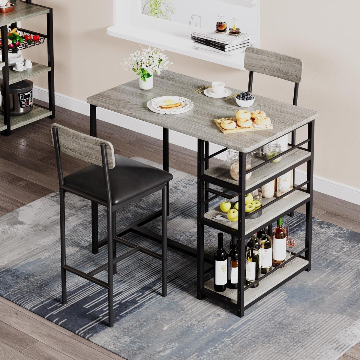 Bartisch Set mit Barhockern & Regalen – Industrieller Esstisch 3-teilig