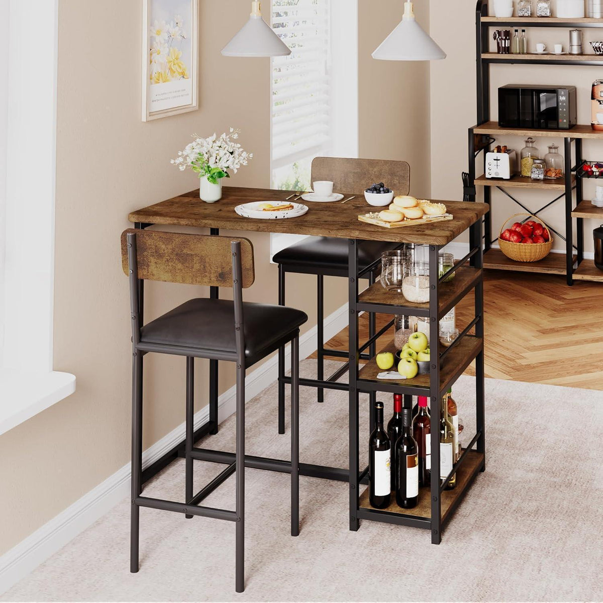 Bartisch Set 3-teilig mit Stühlen & Stauraum – Industriedesign