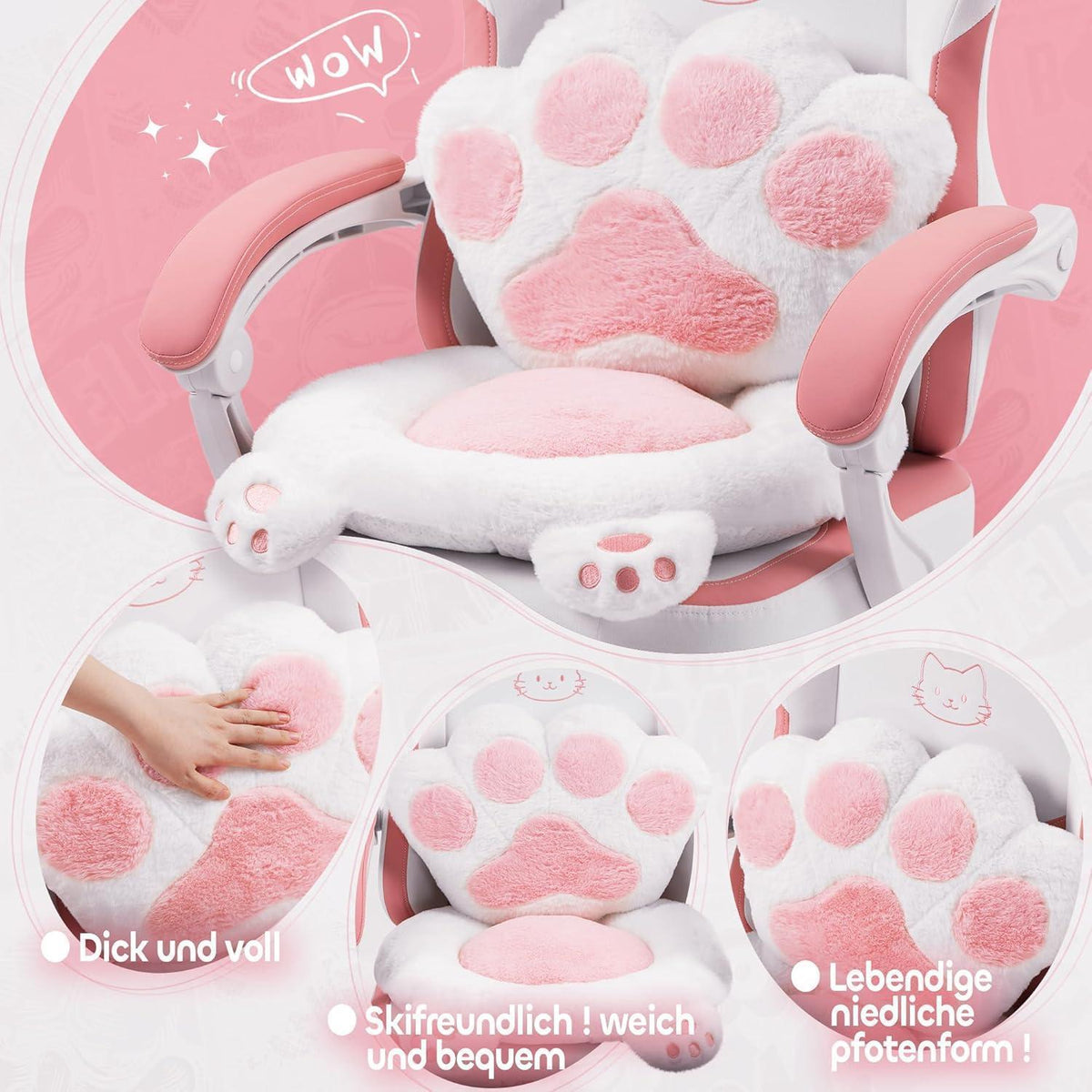 Gaming Stuhl mit Katzenohren und Fußstütze, Rosa Samt