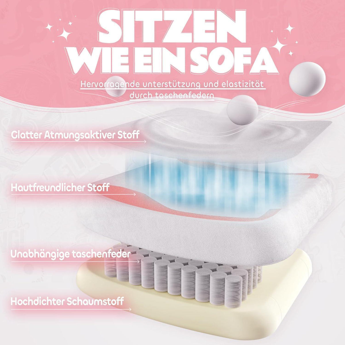 Gaming Stuhl mit Katzenohren und Fußstütze, Rosa Samt