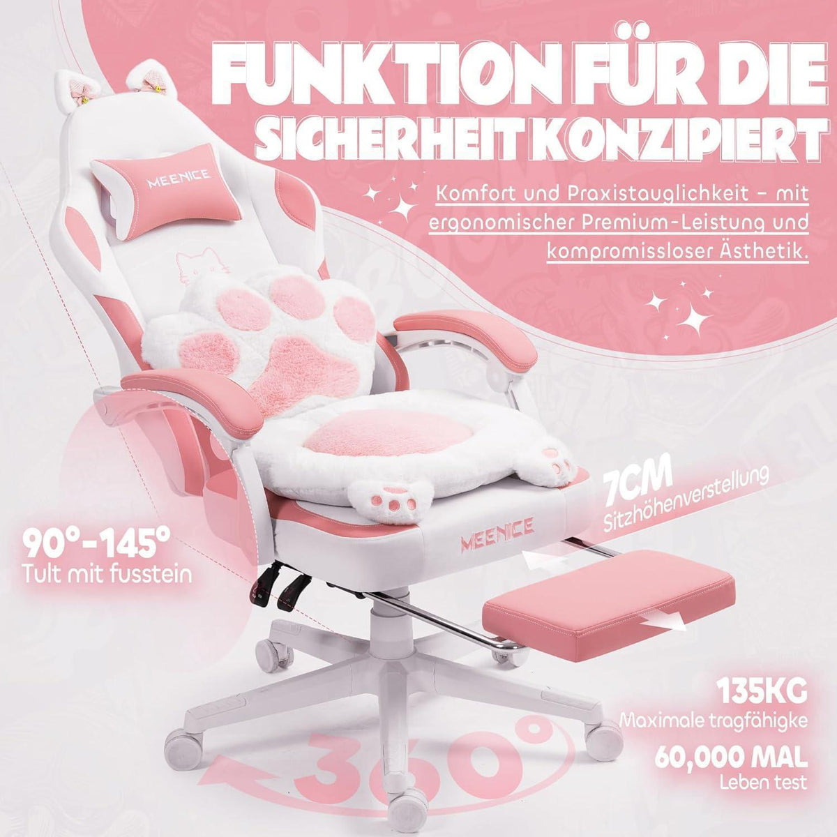 Gaming Stuhl mit Katzenohren und Fußstütze, Rosa Samt
