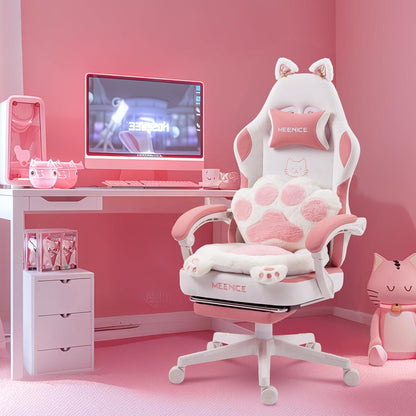 Gaming Stuhl mit Katzenohren und Fußstütze, Rosa Samt
