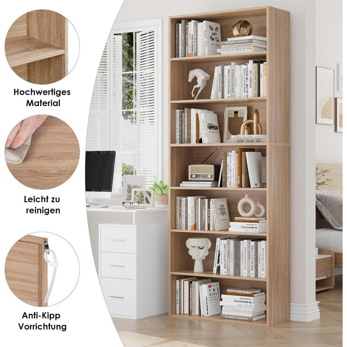 7-reihiges Bücherregal Eiche | Standregal für Wohnzimmer & Büro