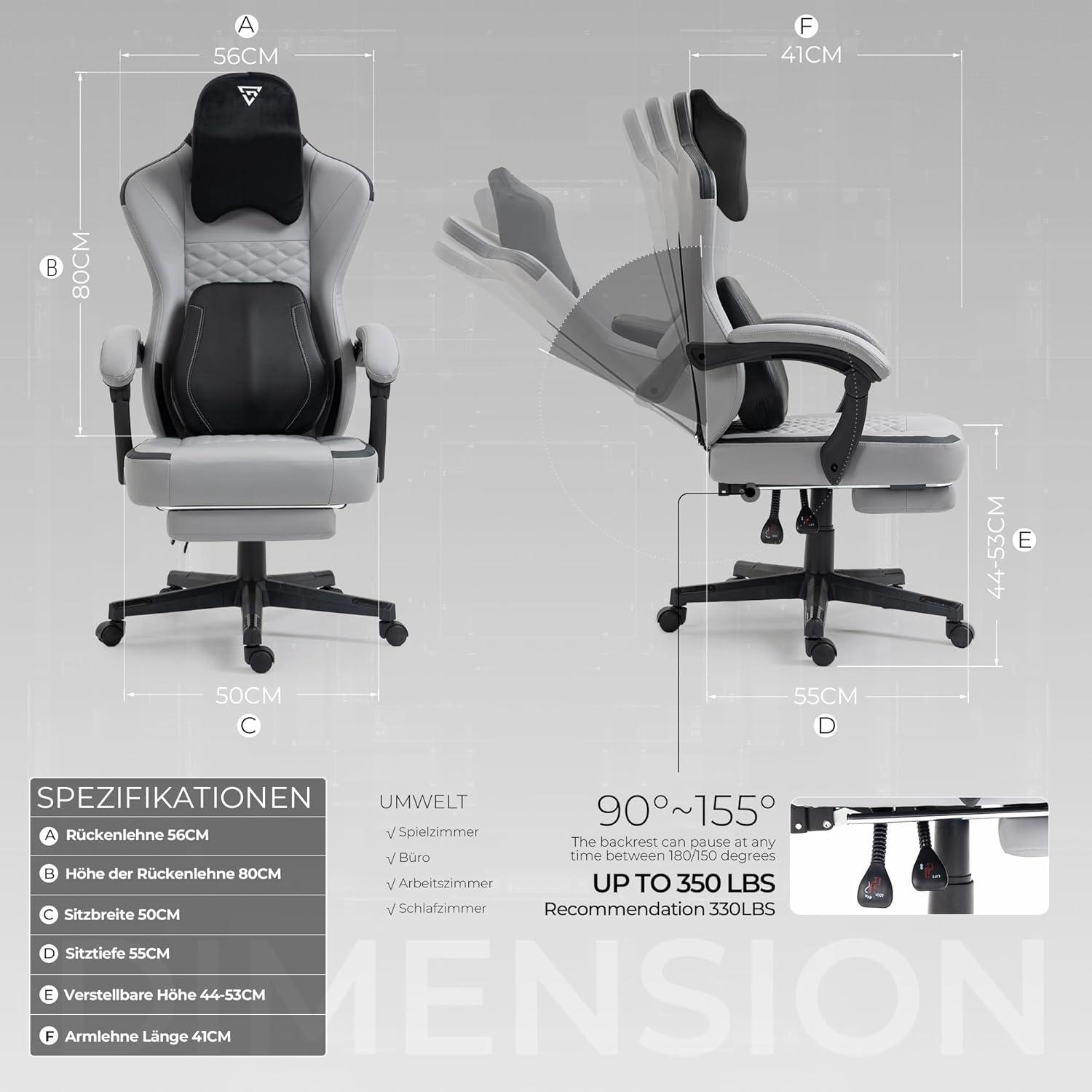 Gaming Stuhl mit beheizter Massage Lendenwirbelstütze, Ergonomischer