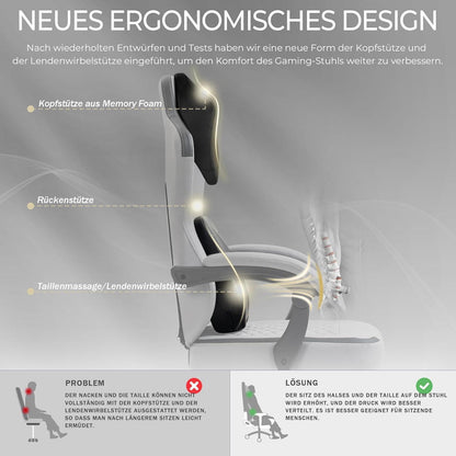 Ergonomischer Gaming Stuhl mit Massage, Lendenstütze & Fußstütze