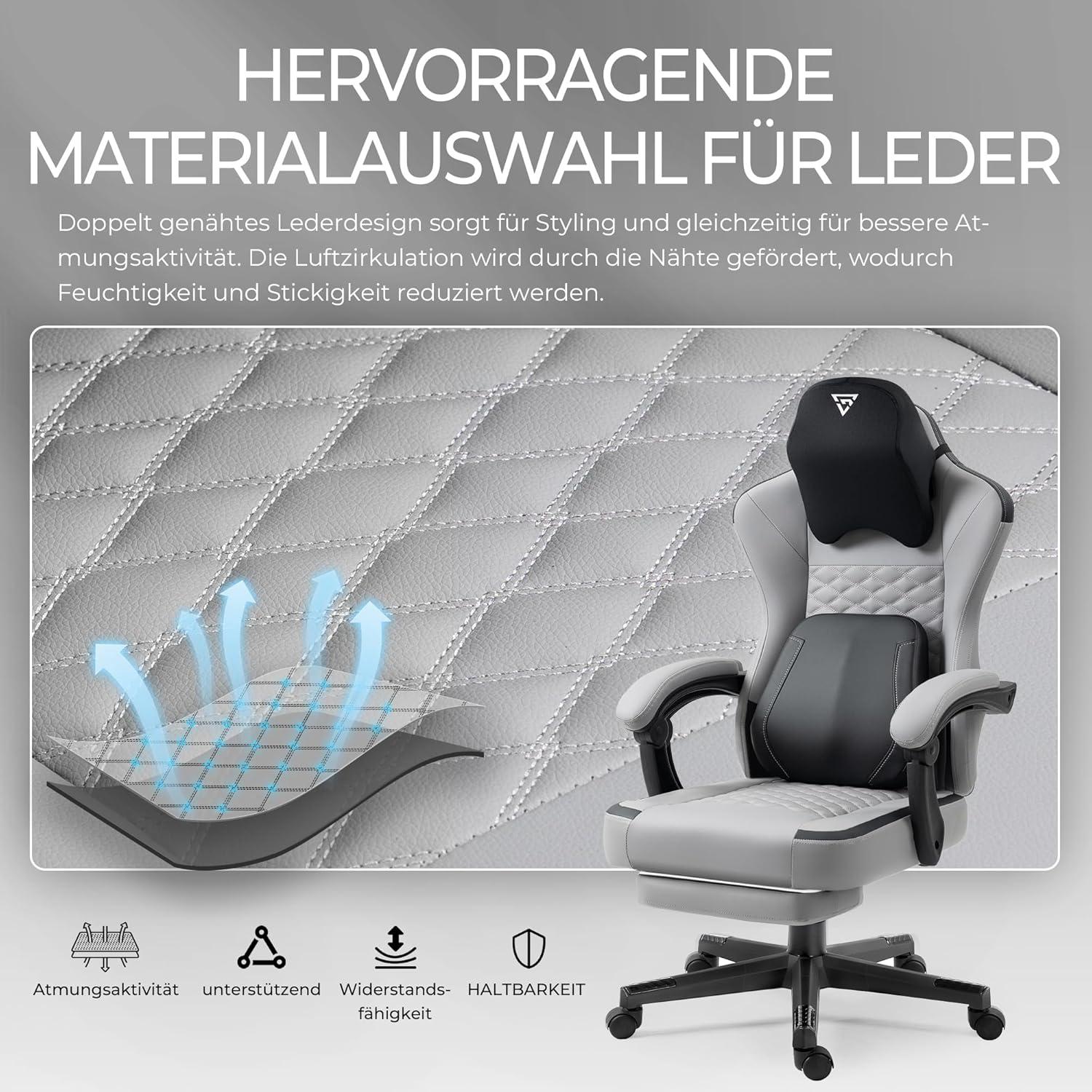 Ergonomischer Gaming Stuhl mit Massage, Lendenstütze & Fußstütze