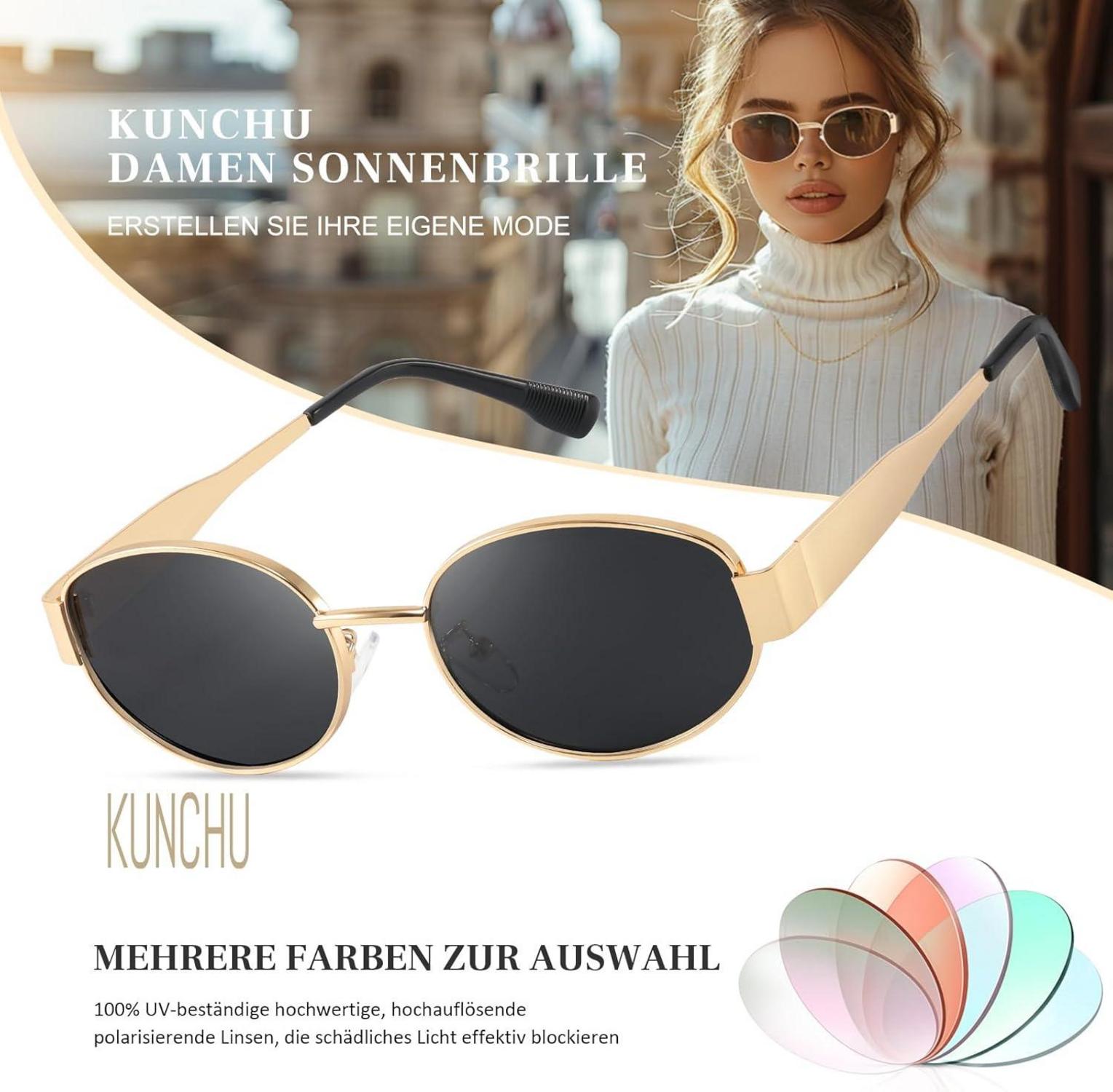 Polarisierte Gold Sonnenbrille Oval Vintage Retro UV400 Kunchu Frauen
