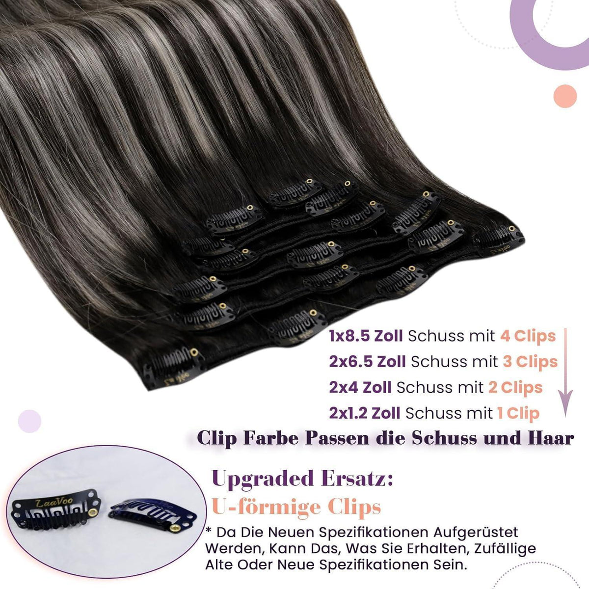 Echthaar Clip-in Extensions Schwarz Balayage Ombre Silber 45cm