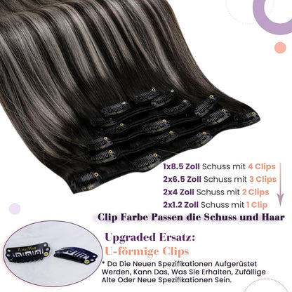 Echthaar Clip-in Extensions Schwarz Balayage Ombre Silber 45cm