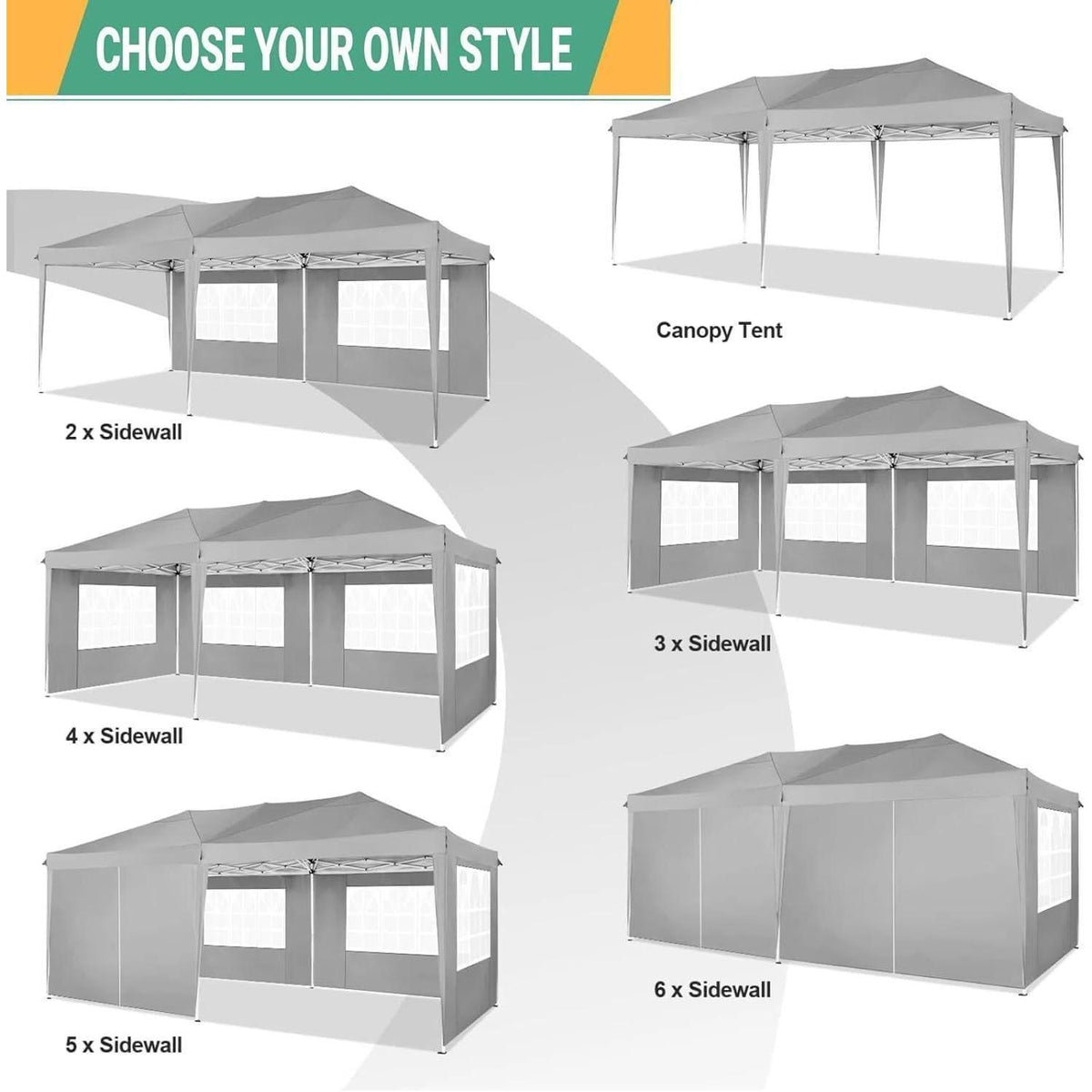 Faltpavillon 3x6m mit 6 Seitenwänden – Grau, wasserdicht & stabil