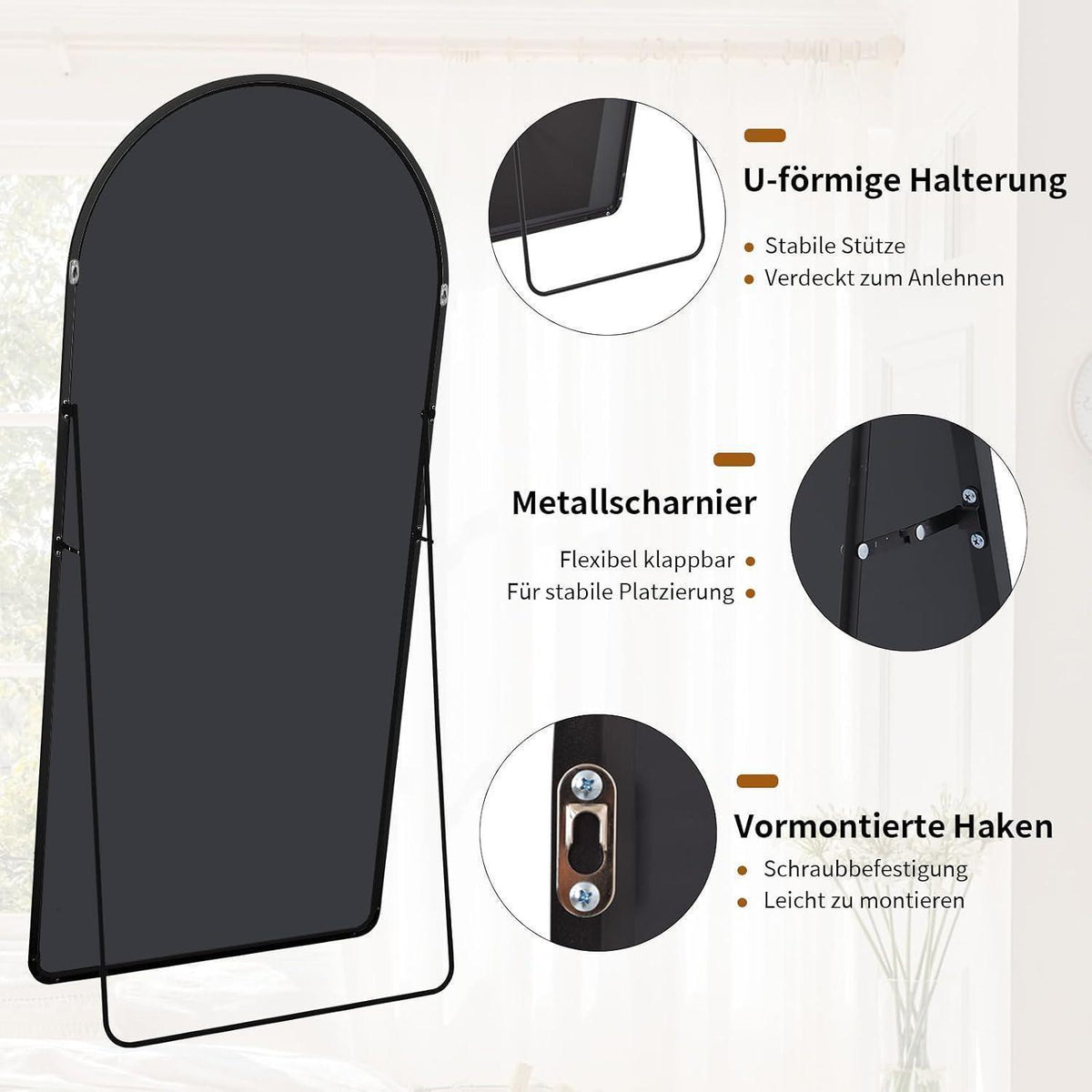 Ganzkörperspiegel Bogen 171x76cm Schwarz – Stehend & Wandmontage