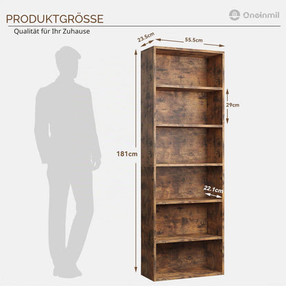 Bücherregal 6 Ebenen | Modernes Holzregal für Wohnzimmer & Büro