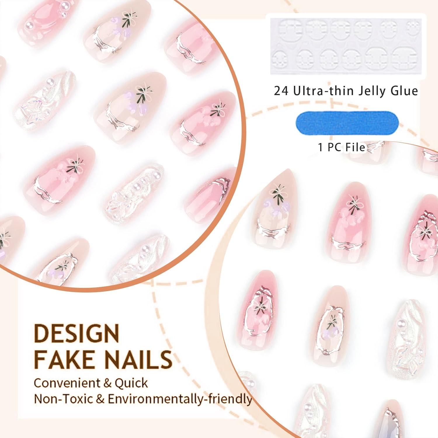 24 Stück 3D Handgemachte Press on Nails Mit Charms Mittel Almond