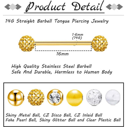 Zungenpiercing Set 6 Stück Chirurgenstahl 16mm 14G mit Kugeln
