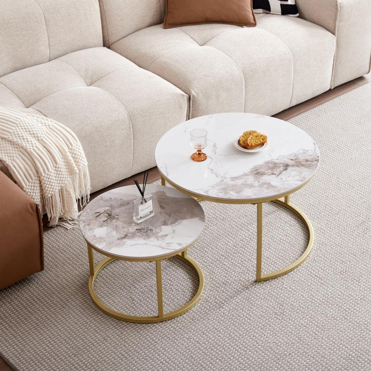 Runder Couchtisch Pandora Sinterstein, Goldrahmen, 70x70cm