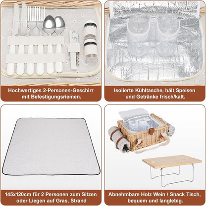Picknickkorb Set für 2 Personen mit Tisch & Besteck