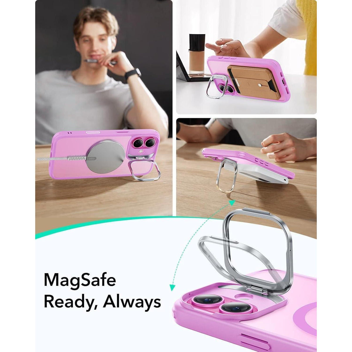 iPhone 16 Hülle mit MagSafe & integriertem Ständer, Klares Rosa
