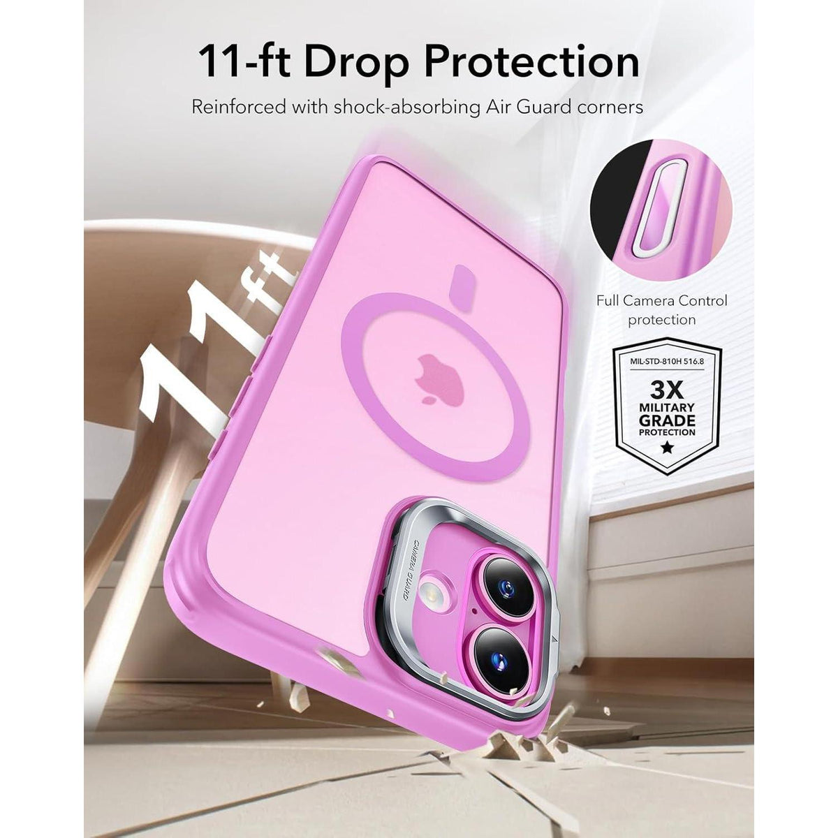 iPhone 16 Hülle mit MagSafe & integriertem Ständer, Klares Rosa