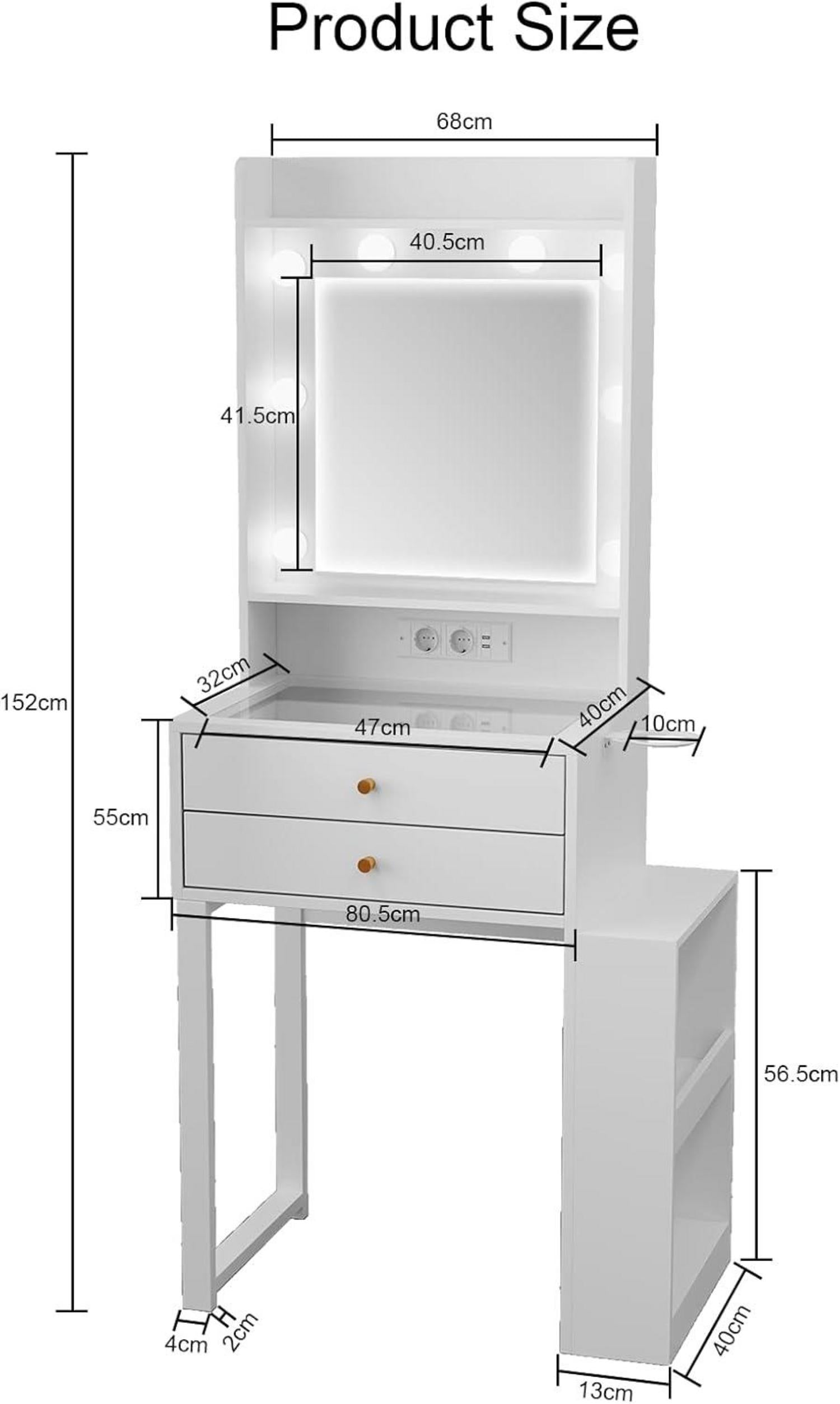 Schminktisch LED-Beleuchtung 2 Schubladen Glastisch Weiß 68x40x152cm