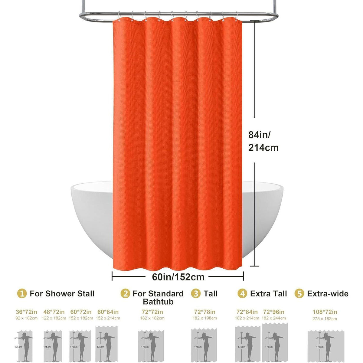 Waffel Duschvorhang wasserdicht, Orange, 152x214cm