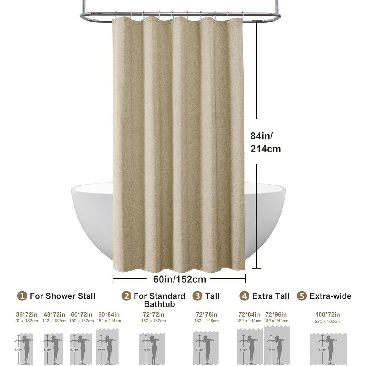 Leinen Duschvorhang wasserdicht Taupe 152x214cm mit Haken