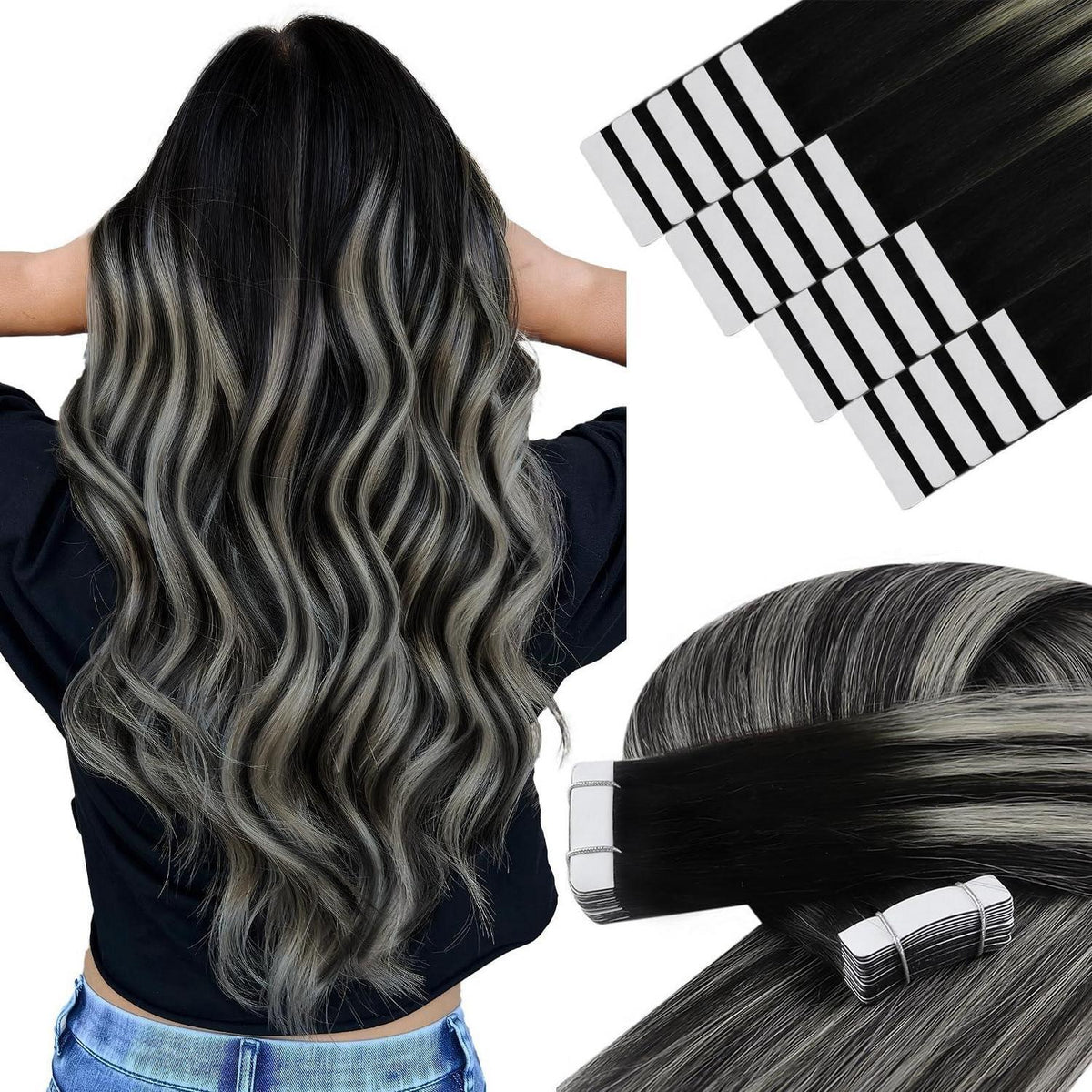 Echthaar Tape Extensions Ombre Schwarz Silber 60 cm