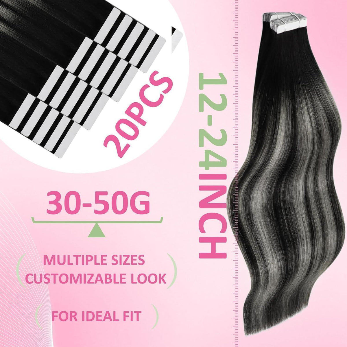 Echthaar Tape Extensions Ombre Schwarz Silber 60 cm