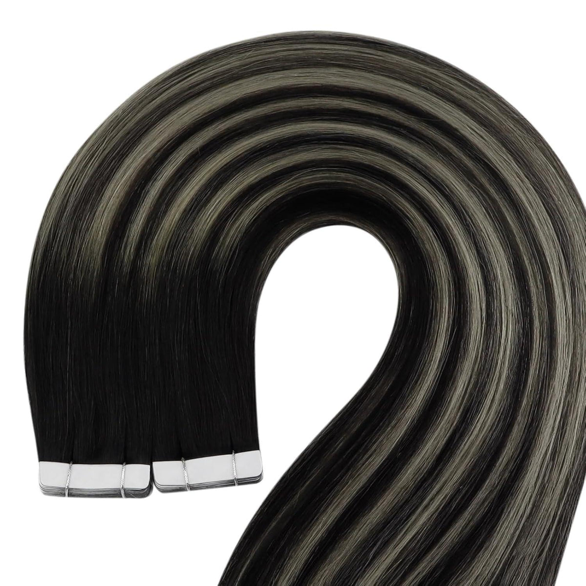 Echthaar Tape Extensions Ombre Schwarz Silber 60 cm
