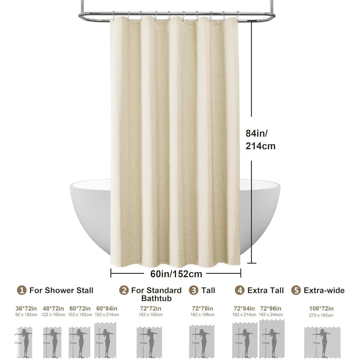 Leinen Duschvorhang wasserdicht beige 152x214cm mit Haken
